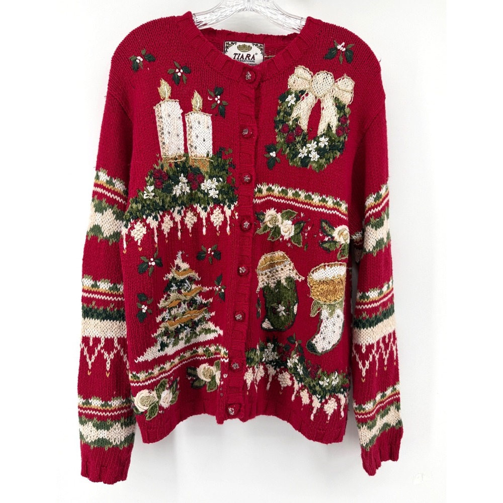 VTG Tiara Christmas Cardigan Sweater Bead Embroidered Large Wreath Tree Festive
